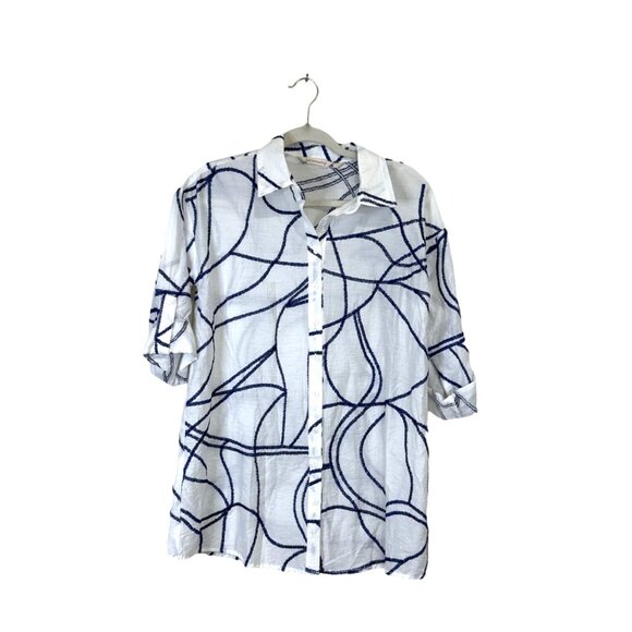 Soft Surroundings Women's Top Tunic Button Up White Blue Roll Tab Sleeve Size S - Picture 6 of 8